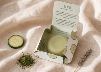 Ingredienti naturali del detergente viso solido Cucumis: cetriolo, chlorella e lavanda