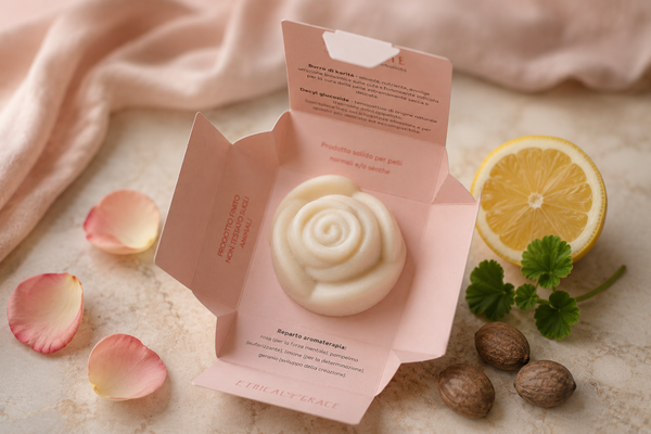 Rosa Carité struccante solido Ethical Grace a forma di rosa, packaging aperto con formula al burro di karité, cruelty free